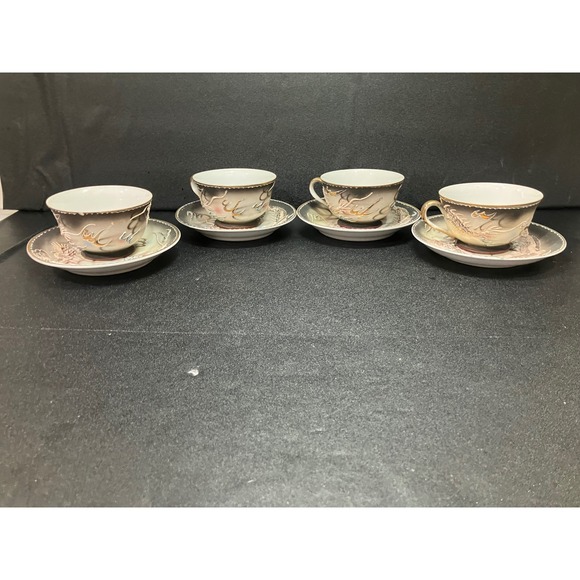 Moriage Dragonware Demitasse Cup & Saucer Set, Hand Painted, Set of 4, Vintage - Picture 1 of 9